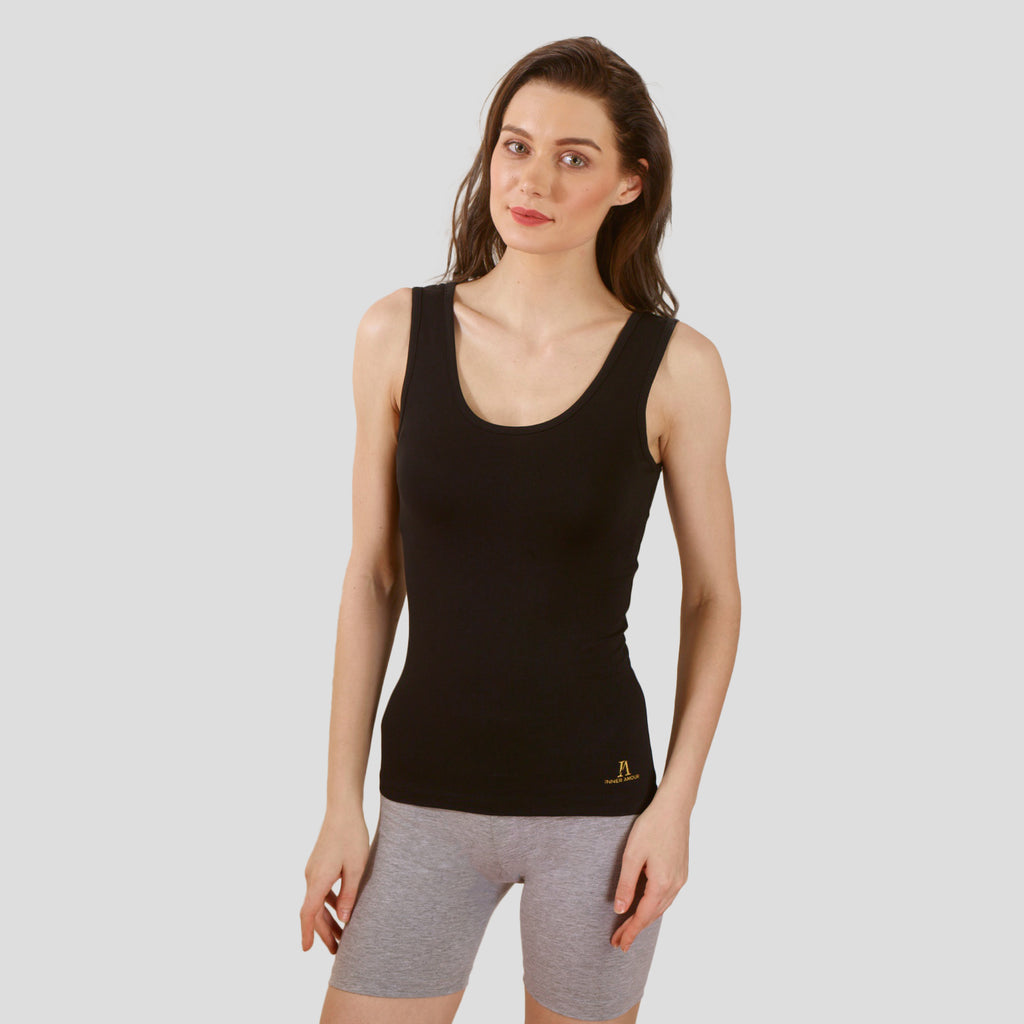Women’s Black Cotton Sleeveless Camisole Tank Top with Broad Straps & Hip Length Fit