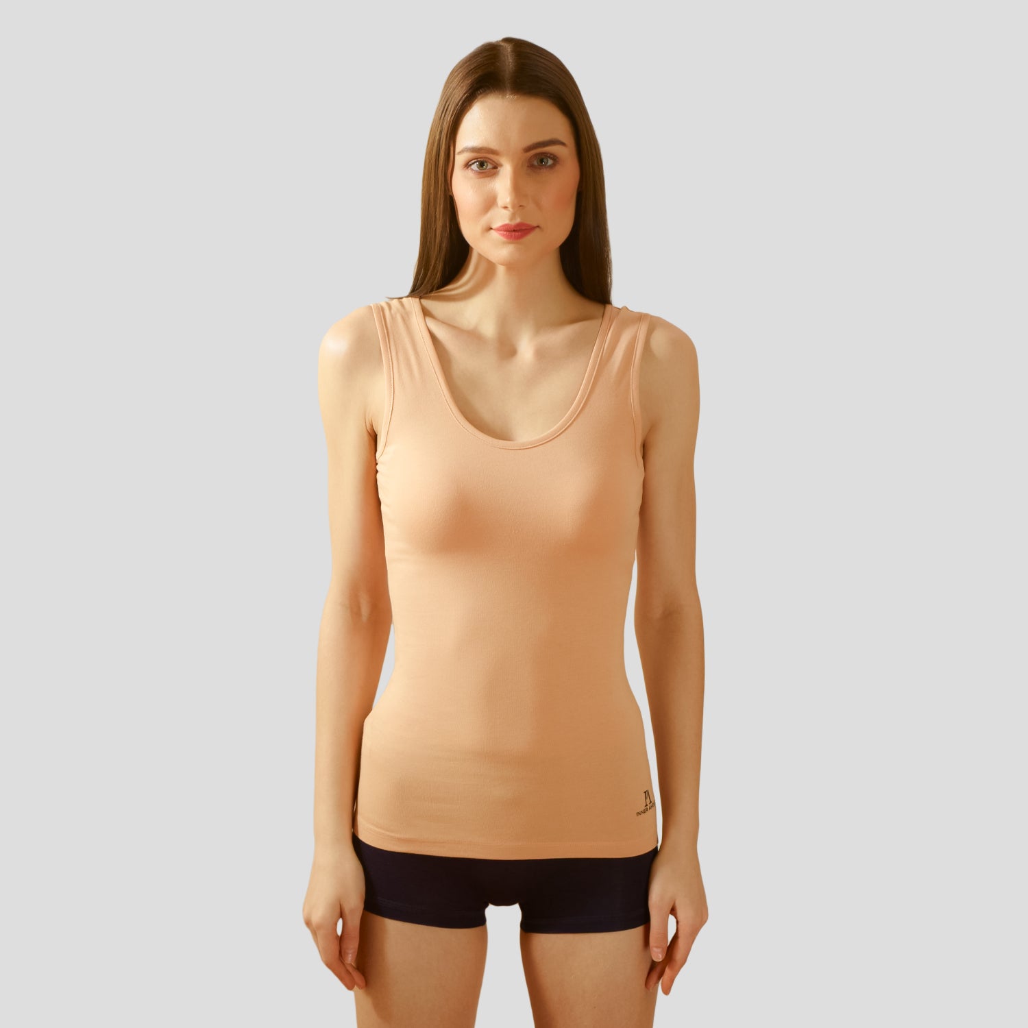 Women’s Beige Cotton Sleeveless Camisole Tank Top with Broad Straps & Hip Length Fit