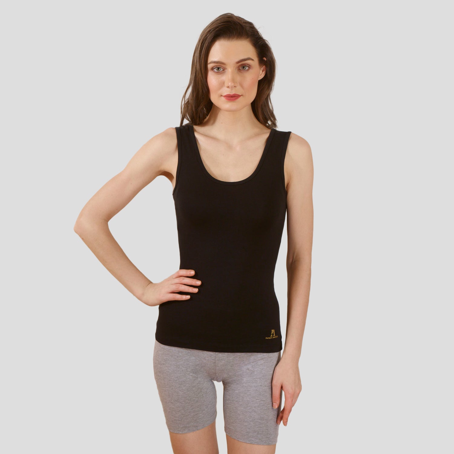 Women’s Black Cotton Sleeveless Camisole Tank Top with Broad Straps & Hip Length Fit