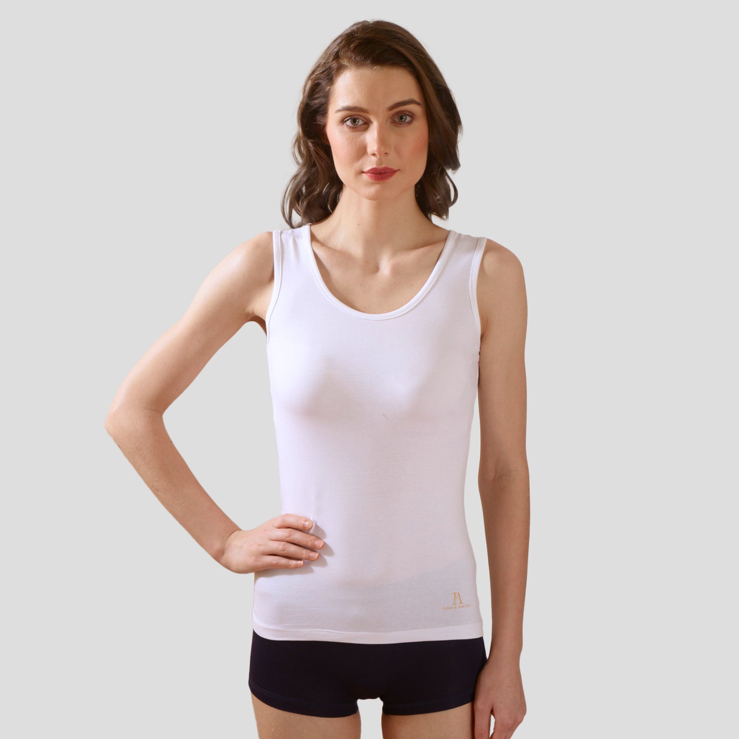 Women’s White Cotton Sleeveless Camisole Tank Top with Broad Straps & Hip Length Fit