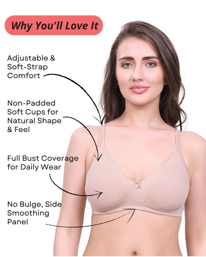 Beige Cotton Bra for Women | Non-Padded, Wireless, Full Coverage | Daily Wear Comfort Bra