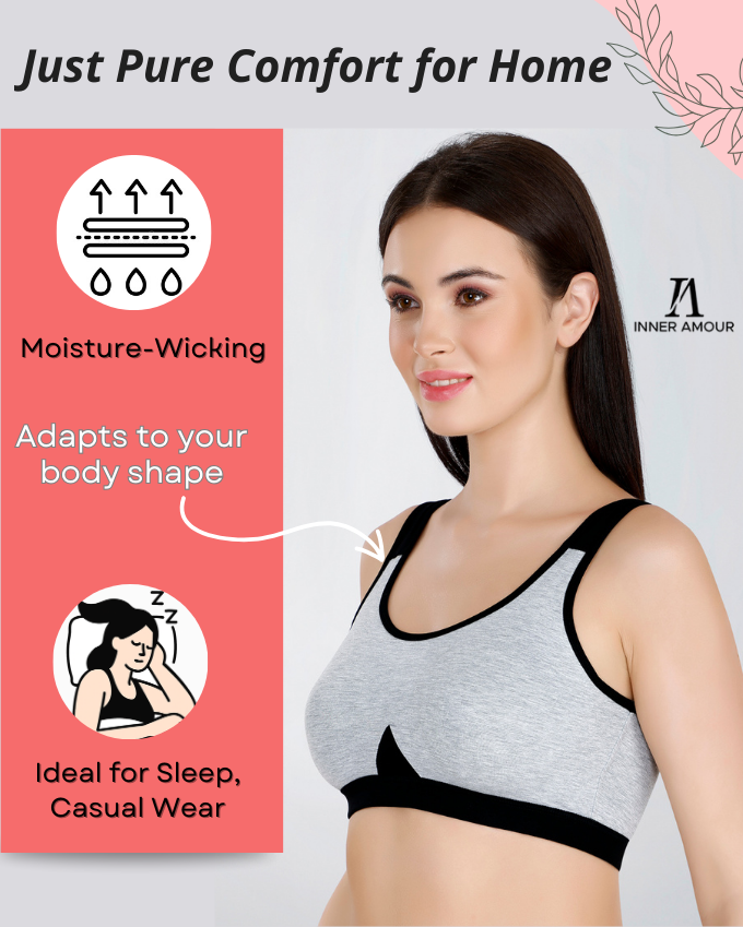 Black & Grey Cotton Sleep-On Bra For Women  | Non-Padded, Wire-Free, Stretch Fit | Home, Sleep & Casual Wear