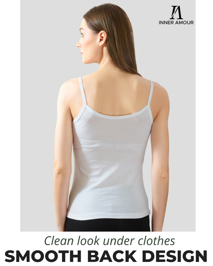 White Cotton Camisole Top for Women - Soft Stretch Fit with Fixed Straps & Scoop Neck