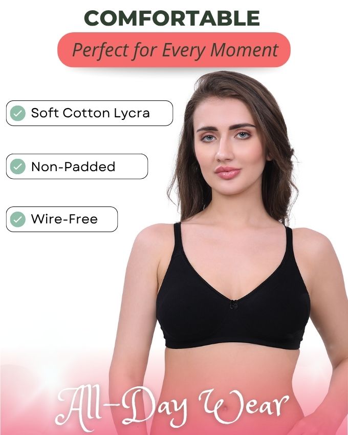 Black Cotton Bra for Women | Non-Padded, Wireless, Full Coverage | Daily Wear Comfort Bra