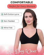 Black Cotton Bra for Women | Non-Padded, Wireless, Full Coverage | Daily Wear Comfort Bra