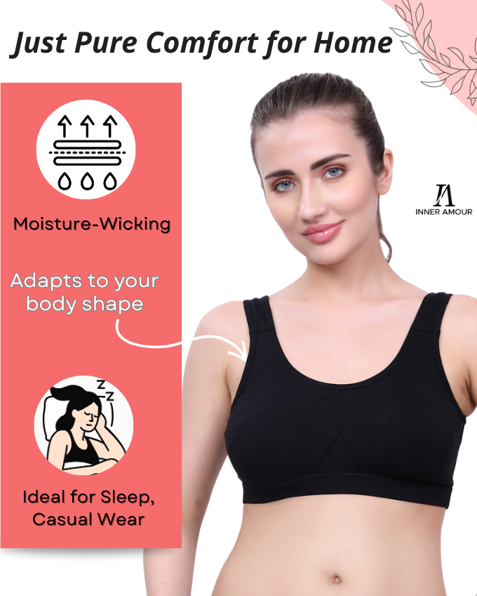 Black Cotton Sleep-On Bra For Women  | Non-Padded, Wire-Free, Stretch Fit | Home, Sleep & Casual Wear
