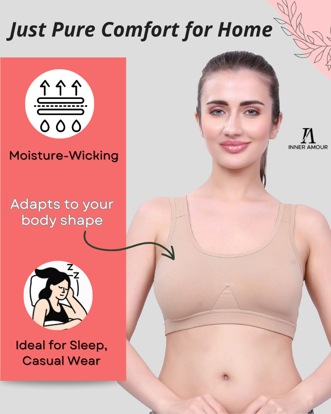 Beige Cotton Sleep-On Bra For Women  | Non-Padded, Wire-Free, Stretch Fit | Home, Sleep & Casual Wear
