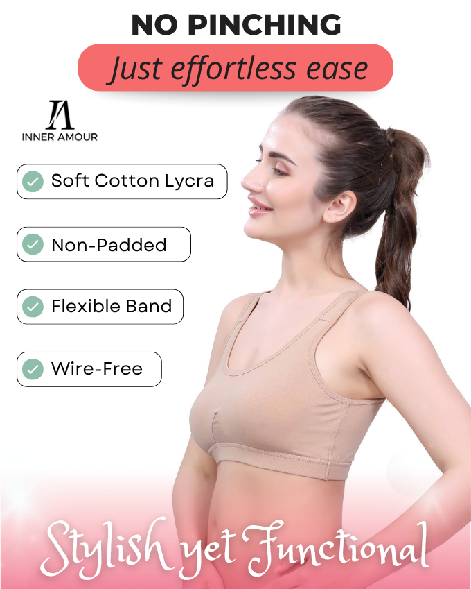 Beige Cotton Sleep-On Bra For Women  | Non-Padded, Wire-Free, Stretch Fit | Home, Sleep & Casual Wear