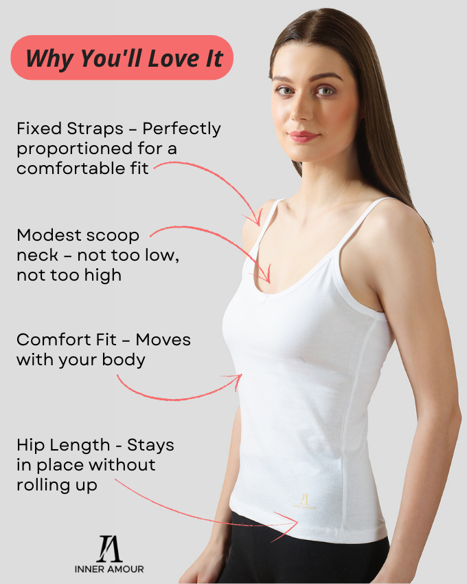 White & Beige Cotton Camisole Top for Women - Soft Stretch Fit with Fixed Straps & Scoop Neck (Pack of 2)