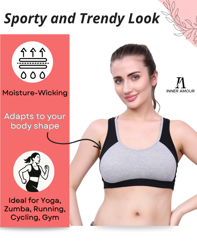 Black & Grey Sports Bra for Women | Non-Padded, Moisture-Wicking, Full Coverage Activewear Bra
