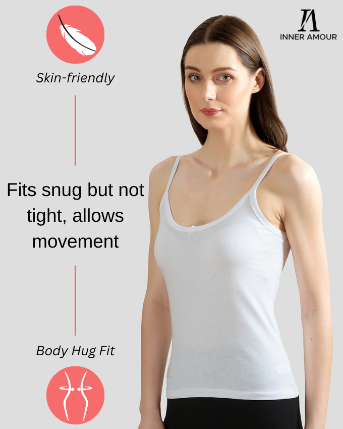 White Cotton Camisole Top for Women - Soft Stretch Fit with Fixed Straps & Scoop Neck