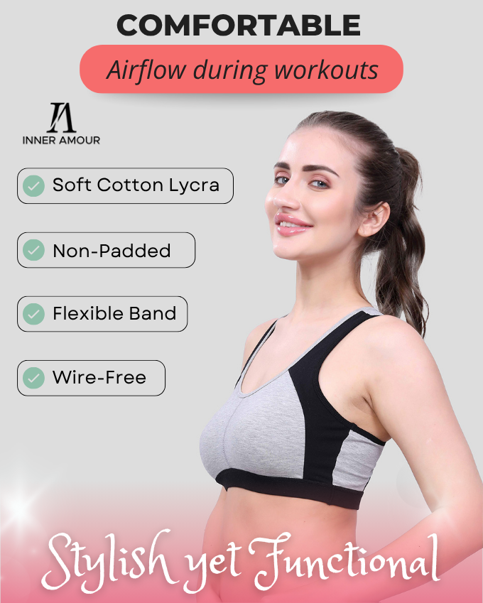 Black & Grey Sports Bra for Women | Non-Padded, Moisture-Wicking, Full Coverage Activewear Bra