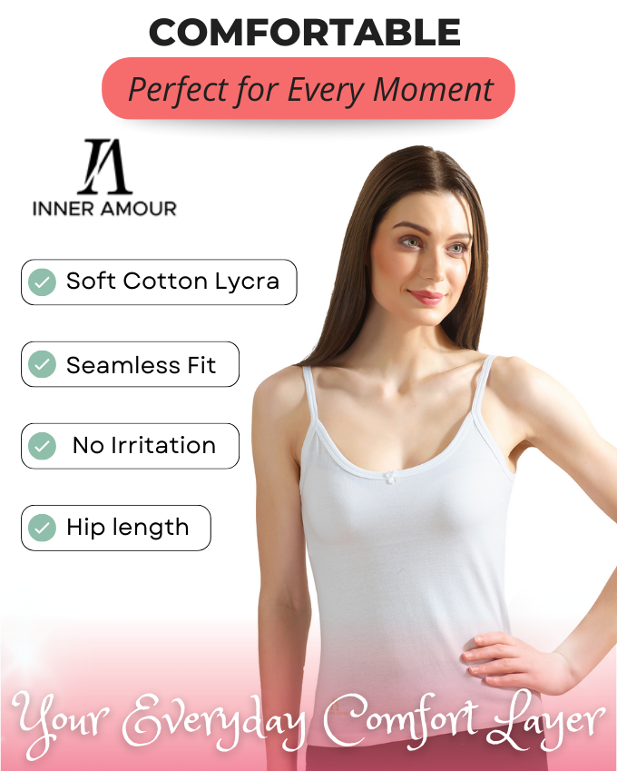 White Cotton Camisole Top for Women - Soft Stretch Fit with Fixed Straps & Scoop Neck