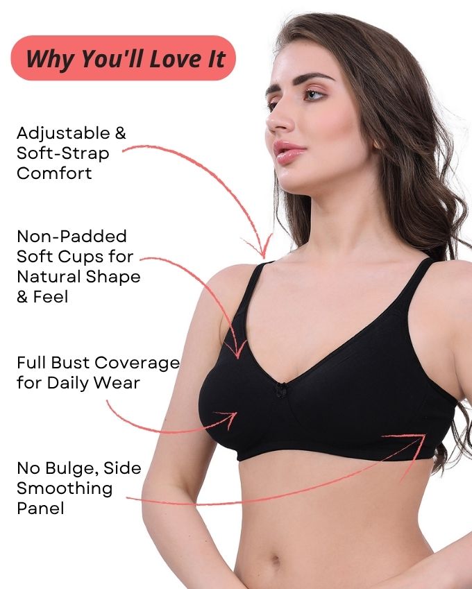 Black, Pink, Red Cotton Bra for Women | Non-Padded, Wireless, Full Coverage Daily Wear Bra (Pack of 3)