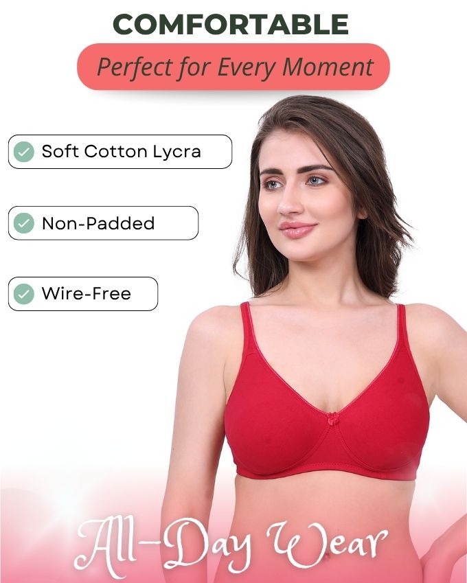 Beige, Red, Pink Cotton Bra for Women | Non-Padded, Wireless, Full Coverage Daily Wear Bra (Pack of 3)