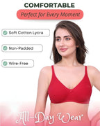 Beige, Red, Pink Cotton Bra for Women | Non-Padded, Wireless, Full Coverage Daily Wear Bra (Pack of 3)
