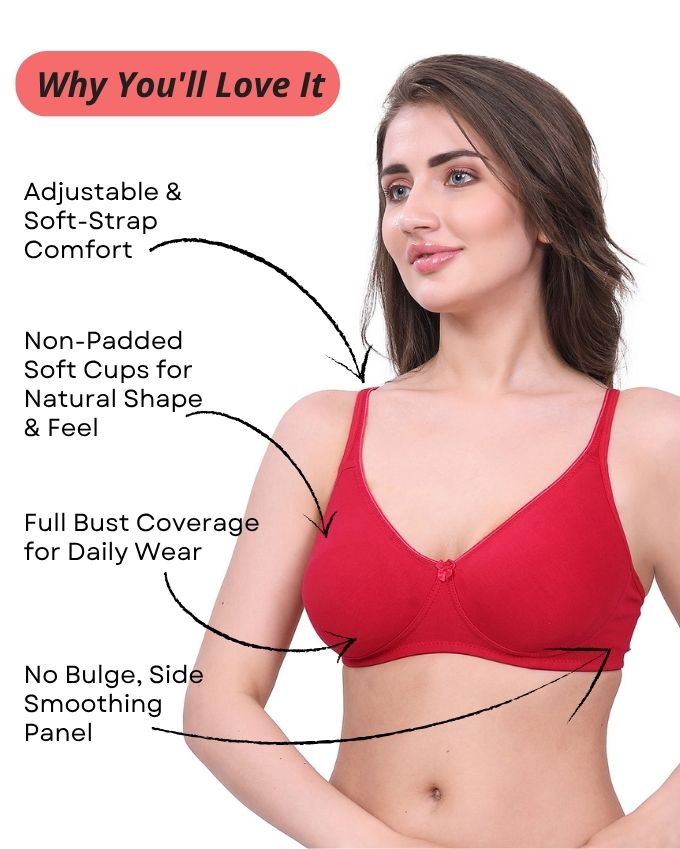 Red Cotton Bra for Women | Non-Padded, Wireless, Full Coverage | Daily Wear Comfort Bra