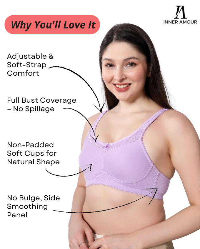 Lavender, Pink, Navy Blue Women Minimizer Bra – Full Coverage Cotton Bra, Wire-Free & Non-Padded Everyday Support (Pack of 3)