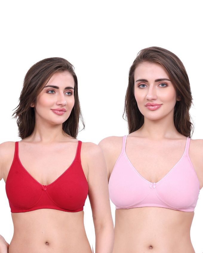 Red & Pink Cotton Bra for Women | Non-Padded, Wireless, Full Coverage Daily Wear Bra (Pack of 2)