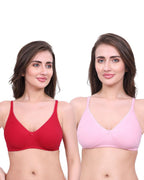 Red & Pink Cotton Bra for Women | Non-Padded, Wireless, Full Coverage Daily Wear Bra (Pack of 2)