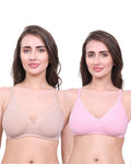 Beige & Pink Cotton Bra for Women | Non-Padded, Wireless, Full Coverage Daily Wear Bra (Pack of 2)