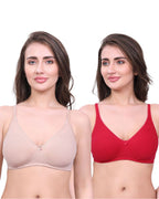 Beige & Red Cotton Bra for Women | Non-Padded, Wireless, Full Coverage Daily Wear Bra (Pack of 2)