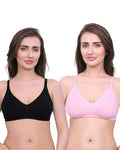 Black & Pink Cotton Bra for Women | Non-Padded, Wireless, Full Coverage Daily Wear Bra (Pack of 2)