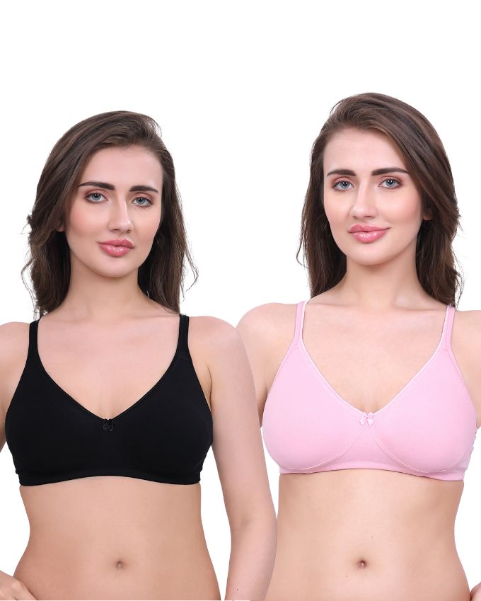 Black & Pink Cotton Bra for Women | Non-Padded, Wireless, Full Coverage Daily Wear Bra (Pack of 2)