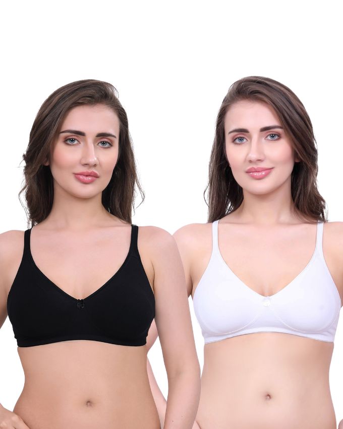 Black & White Cotton Bra for Women | Non-Padded, Wireless, Full Coverage Daily Wear Bra (Pack of 2)