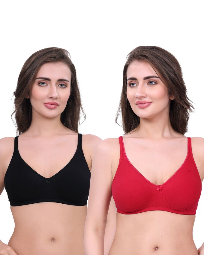 Black & Red Cotton Bra for Women | Non-Padded, Wireless, Full Coverage Daily Wear Bra (Pack of 2)