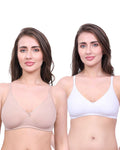 White & Beige Cotton Bra for Women | Non-Padded, Wireless, Full Coverage Daily Wear Bra (Pack of 2)