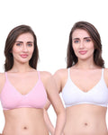 White & Pink Cotton Bra for Women | Non-Padded, Wireless, Full Coverage Daily Wear Bra (Pack of 2)