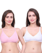 White & Pink Cotton Bra for Women | Non-Padded, Wireless, Full Coverage Daily Wear Bra (Pack of 2)
