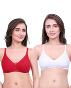 White & Red Cotton Bra for Women | Non-Padded, Wireless, Full Coverage Daily Wear Bra (Pack of 2)