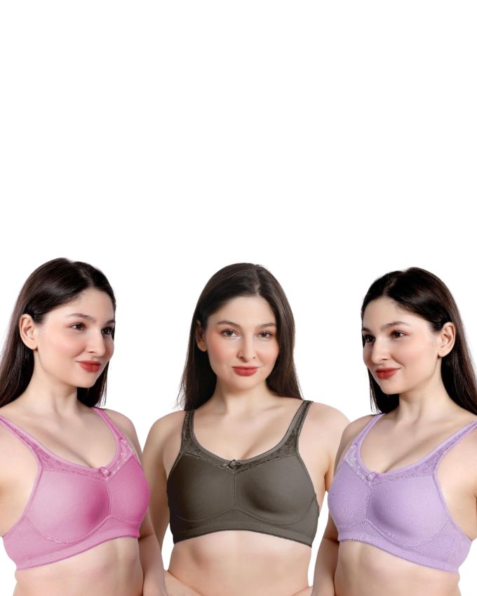 Lavender, Pink, Olive Green Women Minimizer Bra – Full Coverage Cotton Bra, Wire-Free & Non-Padded Everyday Support (Pack of 3)