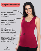 Women’s Maroon Cotton Sleeveless Camisole Tank Top with Broad Straps & Hip Length Fit