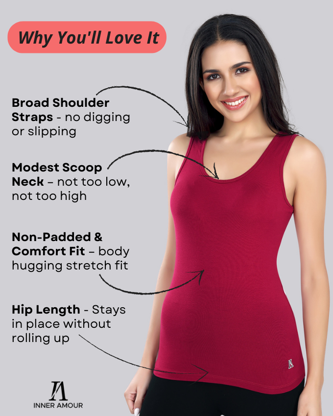 Women’s Maroon Cotton Sleeveless Camisole Tank Top with Broad Straps & Hip Length Fit
