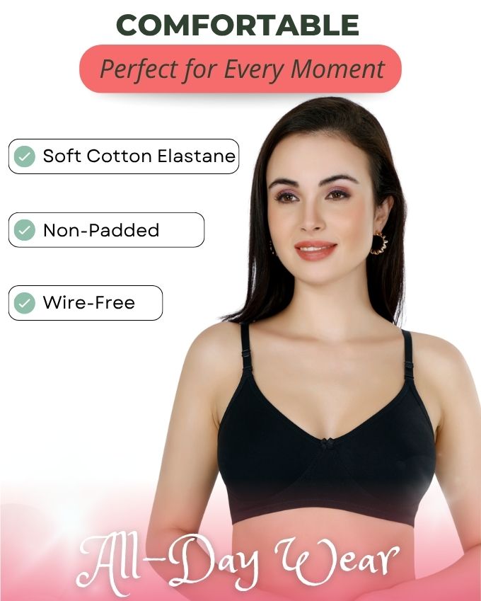 Black Women’s Everyday Cotton Bra – Non-Padded, Wire-Free, Breathable & Comfortable Fit