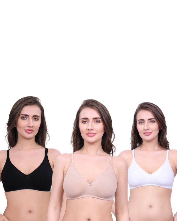 White, Black, Beige Cotton Bra for Women | Non-Padded, Wireless, Full Coverage Daily Wear Bra (Pack of 3)