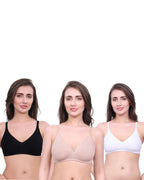 White, Black, Beige Cotton Bra for Women | Non-Padded, Wireless, Full Coverage Daily Wear Bra (Pack of 3)