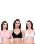 White, Black, Pink Cotton Bra for Women | Non-Padded, Wireless, Full Coverage Daily Wear Bra (Pack of 3)