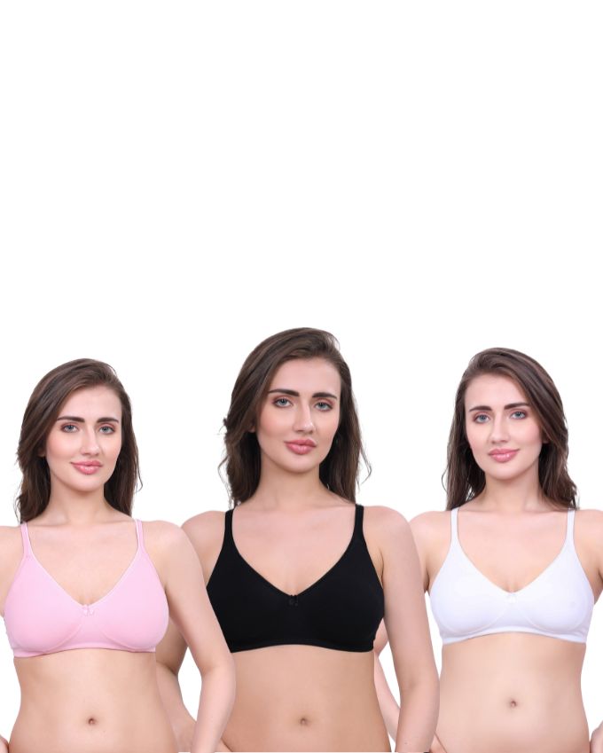 White, Black, Pink Cotton Bra for Women | Non-Padded, Wireless, Full Coverage Daily Wear Bra (Pack of 3)