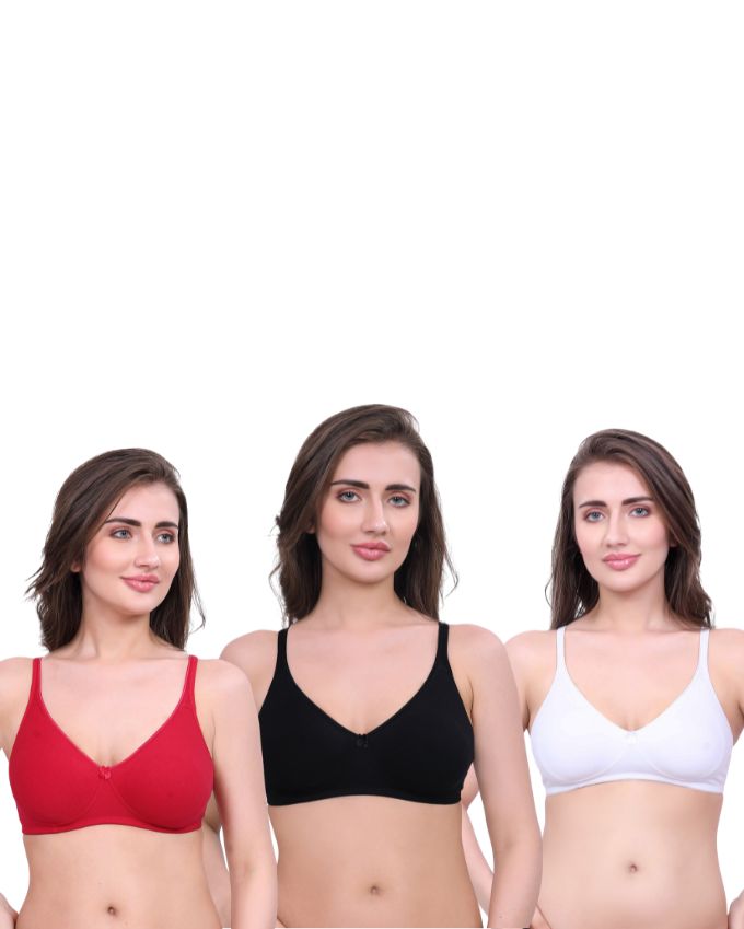 White, Black, Red Cotton Bra for Women | Non-Padded, Wireless, Full Coverage Daily Wear Bra (Pack of 3)