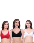 White, Black, Red Cotton Bra for Women | Non-Padded, Wireless, Full Coverage Daily Wear Bra (Pack of 3)