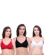 White, Black, Red Cotton Bra for Women | Non-Padded, Wireless, Full Coverage Daily Wear Bra (Pack of 3)