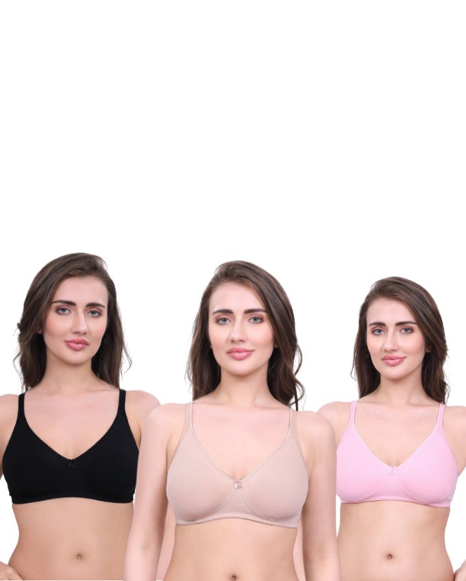 Black, Beige, Pink Cotton Bra for Women | Non-Padded, Wireless, Full Coverage Daily Wear Bra (Pack of 3)