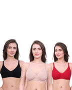 Black, Beige, Red Cotton Bra for Women | Non-Padded, Wireless, Full Coverage Daily Wear Bra (Pack of 3)