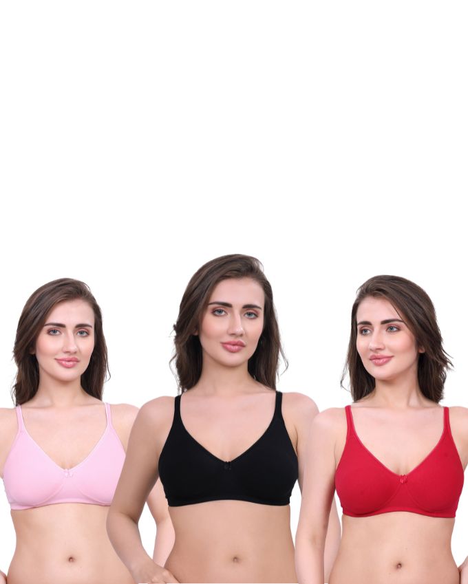 Black, Pink, Red Cotton Bra for Women | Non-Padded, Wireless, Full Coverage Daily Wear Bra (Pack of 3)