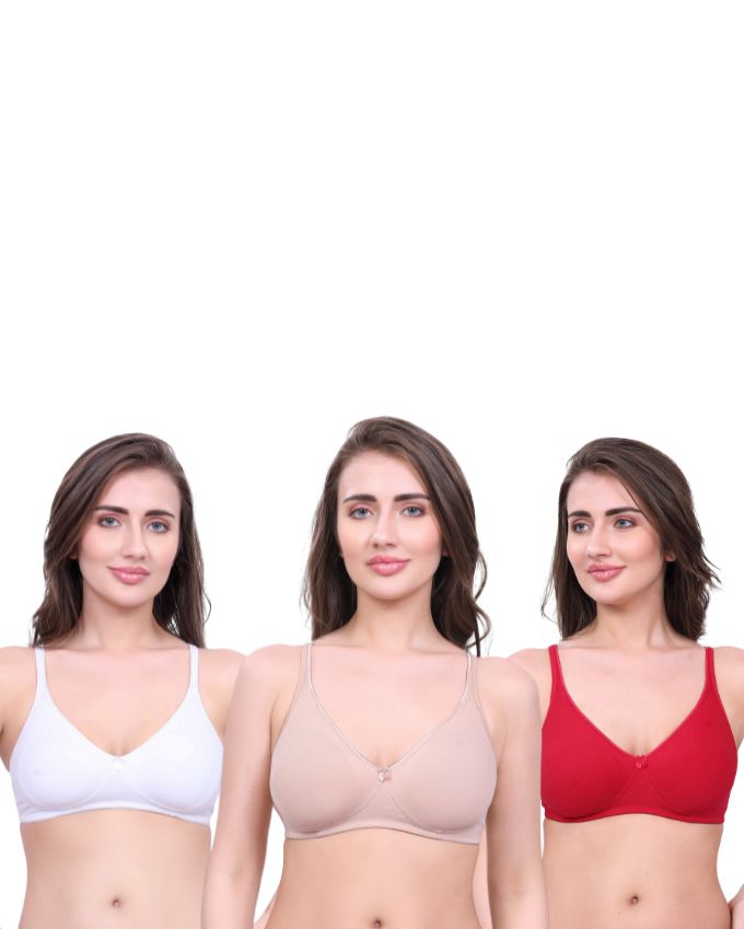 White, Beige, Red Cotton Bra for Women | Non-Padded, Wireless, Full Coverage Daily Wear Bra (Pack of 3)