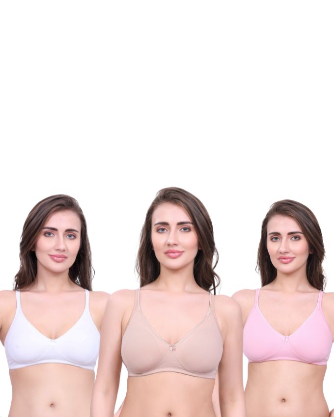 White, Beige, Pink Cotton Bra for Women | Non-Padded, Wireless, Full Coverage Daily Wear Bra (Pack of 3)